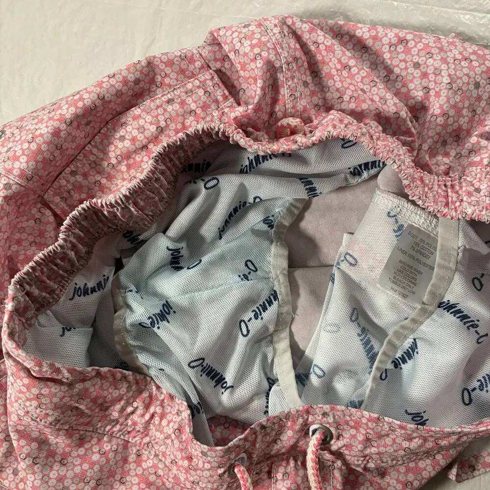 Johnnie-O Pink Geometric Print Swim Trunks Men’s Medium Drawstring